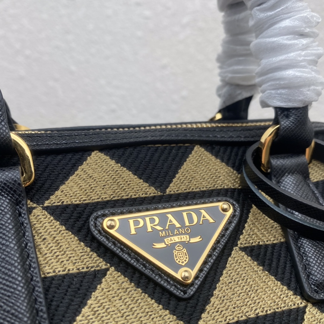 Prada Symbole Embroidered Fabric Top Handle Shoulder Bag Black/Beige 1BB846